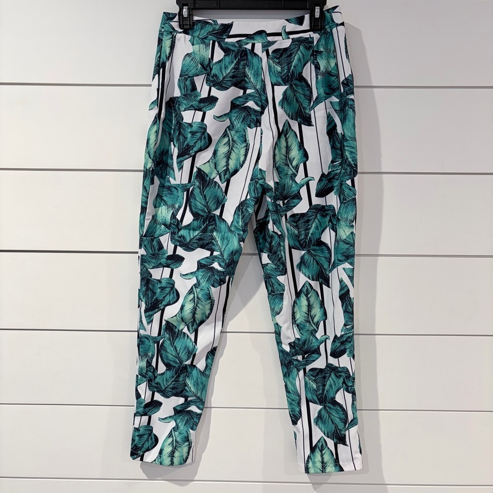 a.peach Tropical Leaf Print Pants Womens L Green Palm Resort Casual - Picture 3 of 8
